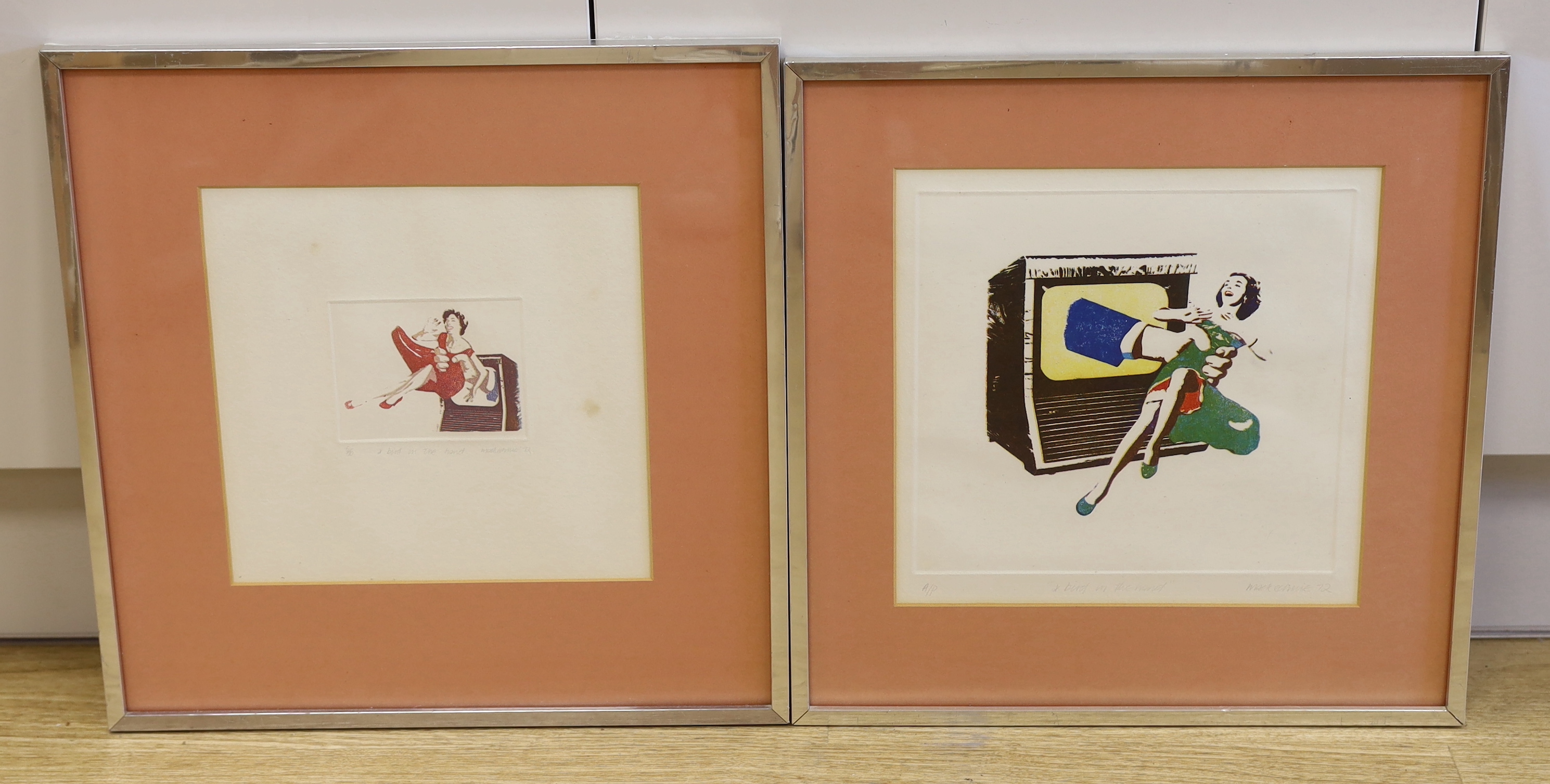 A pair of 1970's colour screenprints, 'Bird in the hand', indistinctly signed, one artist proof, largest 27 x 27cm